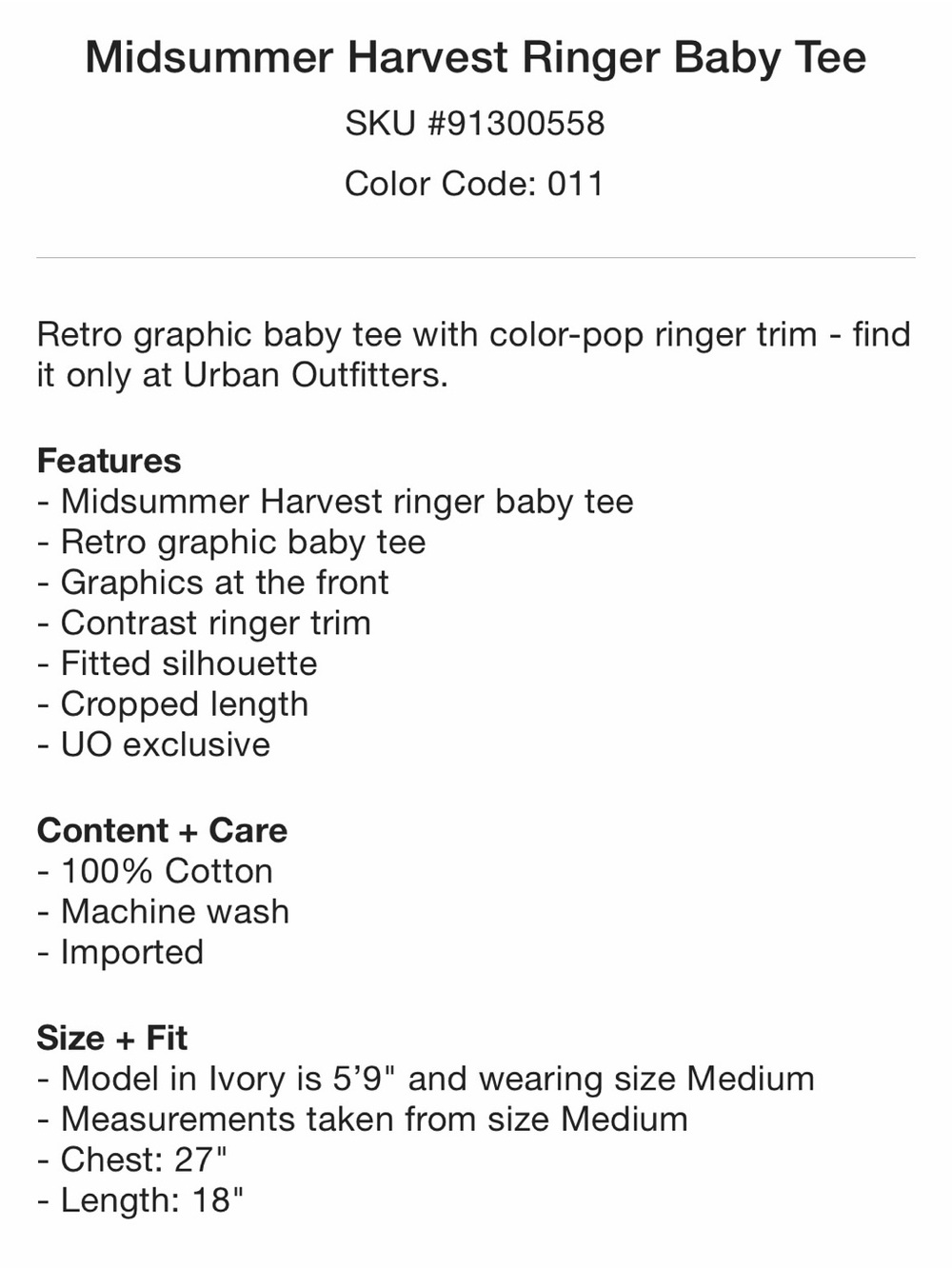 NWT Urban Outfitters Midsummer Harvest Ringer Baby Tee size XS cream and green - Picture 4 of 7
